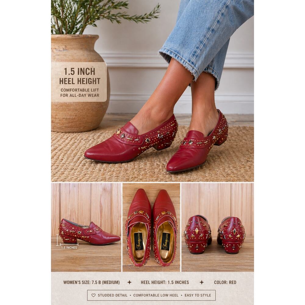 VTG Fantasy Collection Red Leather Gold Studded Pointed Toe Pumps Shoes 7.5
